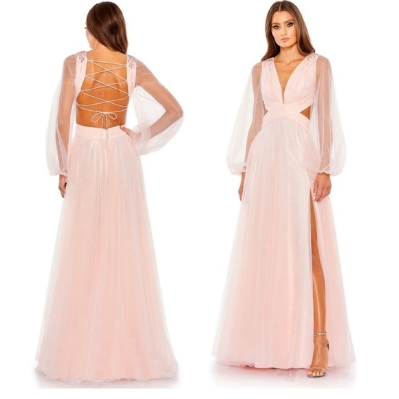 Mac Duggal TULLE SHEER LONG SLEEVE CUT OUT LACE UP A LINE GOWN size 10 New $398 - Picture 1 of 15